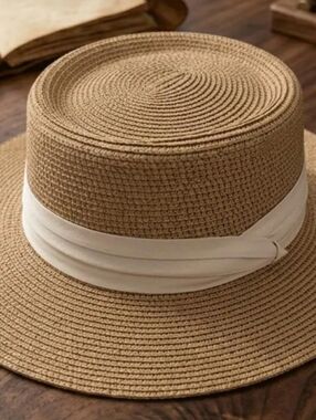 Woven Straw Wide-Brim Hat with Cream Band